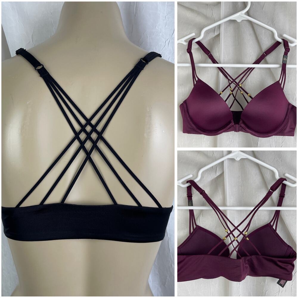 Victoria’s Secret Very Sexy Strappy Push Up Bra Purple Gold Front Closure 32 A